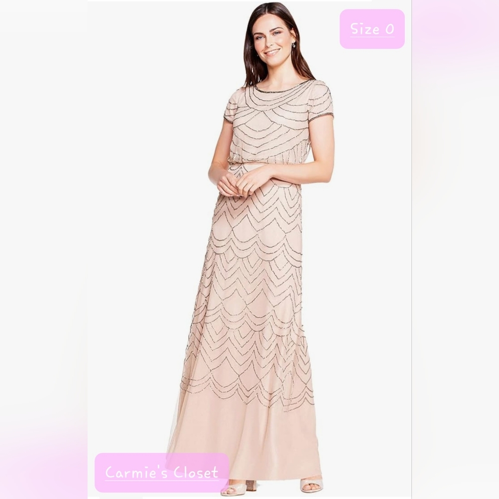 🔥NWF🔥OBO🔥 🔴 Adrianna Papell Women's Short Sleeve Blouson Beaded Gown